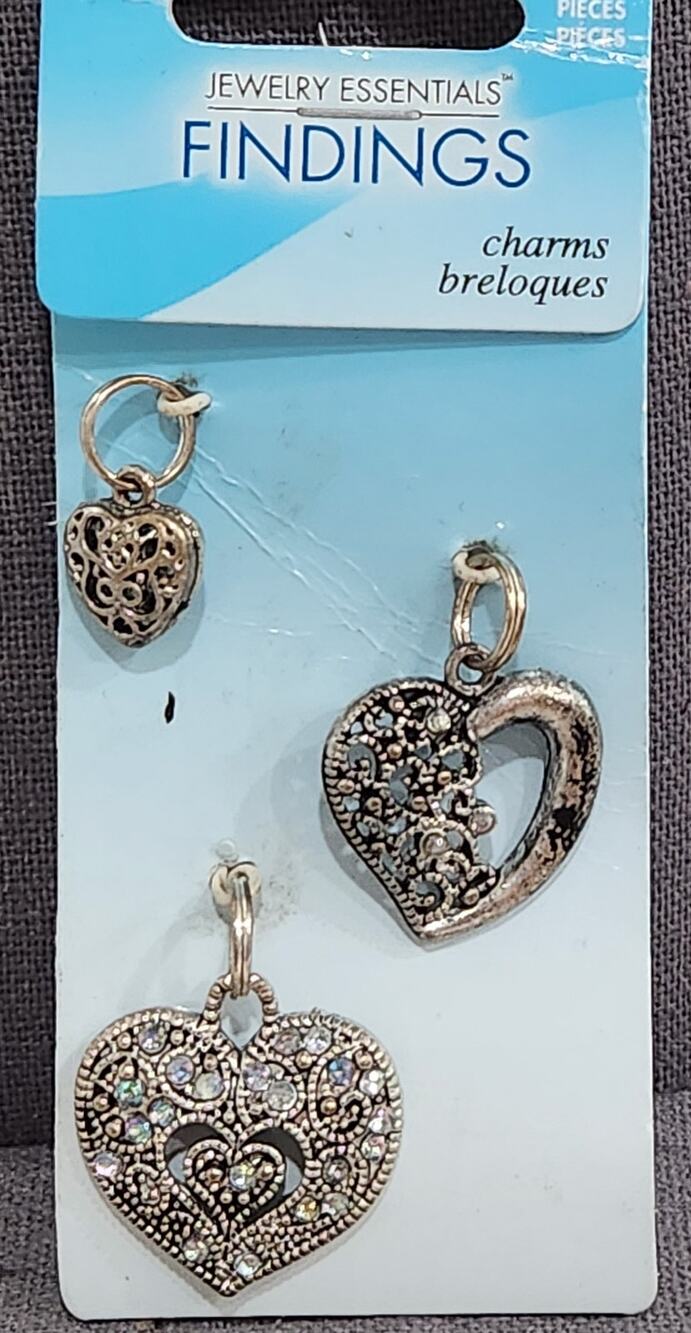 Jewelry Essentials 3 Piece Heart Charms Silver Metal NWT Filigree